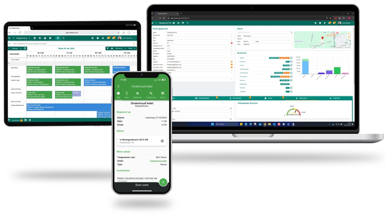 Robaws ERP software dashboard op laptop, tablet en telefoon